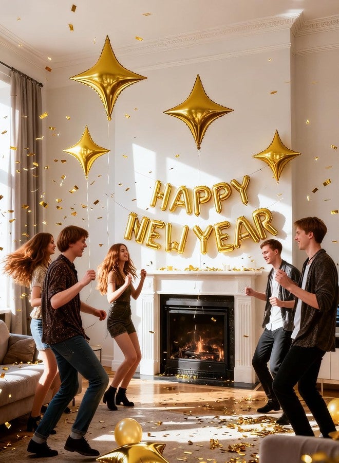 Haolongfa Gold Happy New Year Balloons Set, 16 Inch Gold Foil Letter Balloons with Star Balloon, 2026 New Year Eve Party Decorations, Festive Celebration Supplies for Countdown, Home, Bar & Photo Booth Decor - Image 4